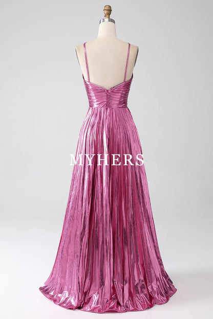 Formal Wear Dresses Charming A-Line Spaghetti Straps Pleated Side Fork Backless Sparkly Prom Dress