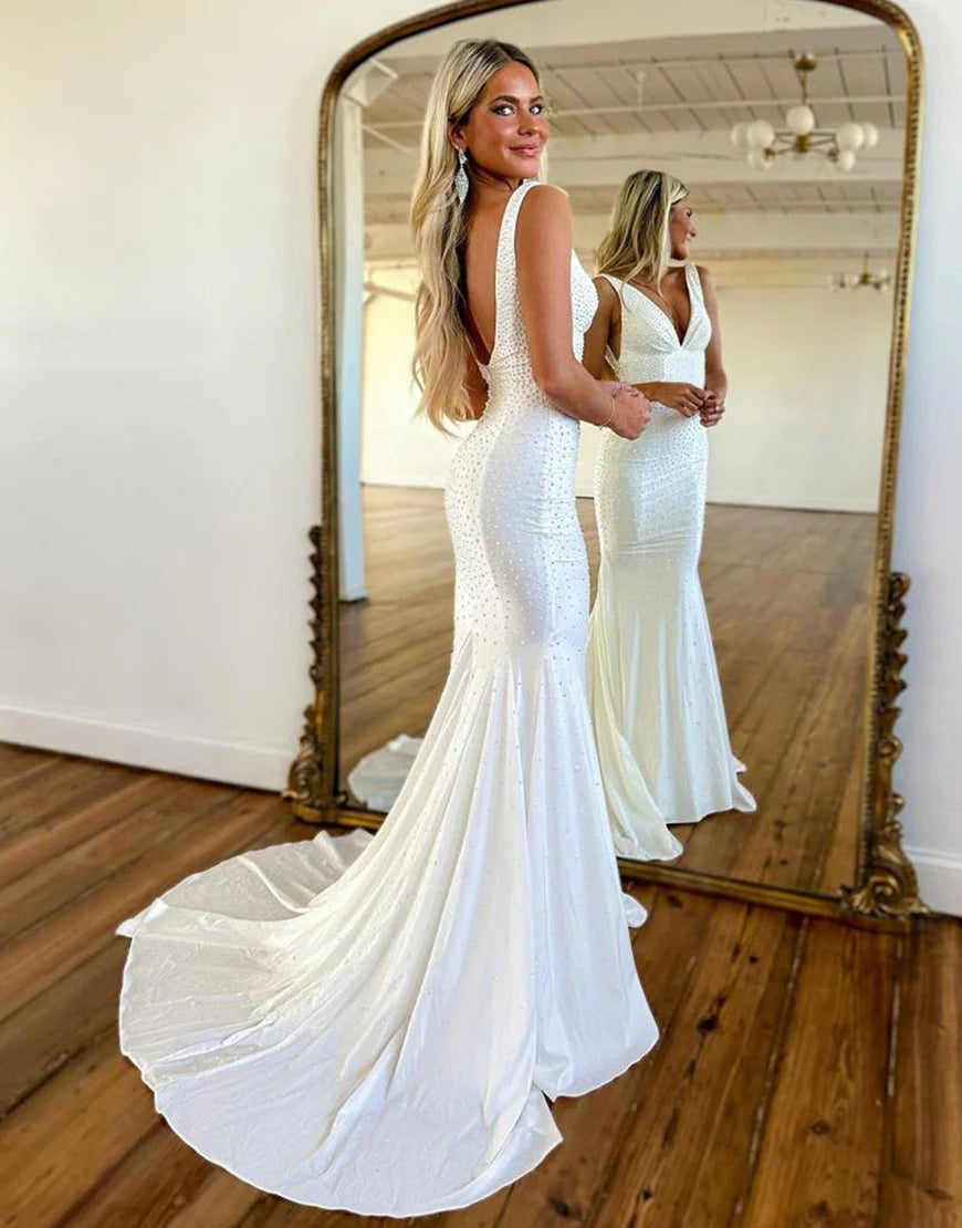 Mermaid Backless Beaded Long Prom Dress