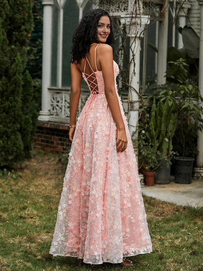 Flowers Appliqued Spaghetti Straps Lace-Up Coral Prom Dress