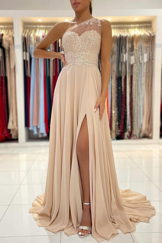 One Shoulder Champagne Chiffon Long Prom Dresses Bridesmaid Dress With Slit