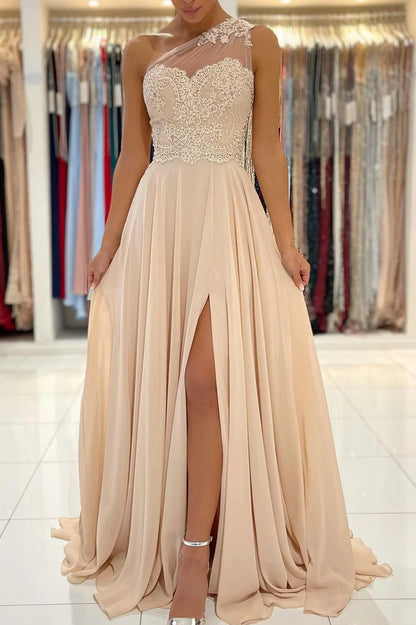 One Shoulder Champagne Chiffon Long Prom Dresses Bridesmaid Dress With Slit