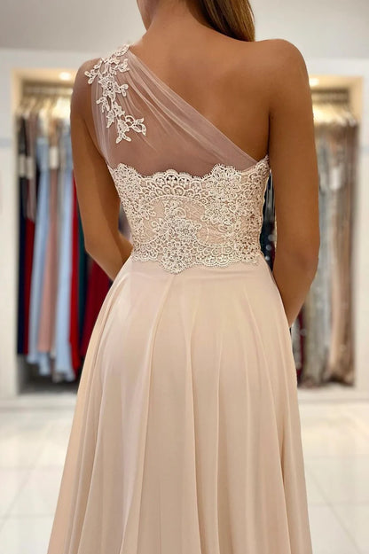 One Shoulder Champagne Chiffon Long Prom Dresses Bridesmaid Dress With Slit