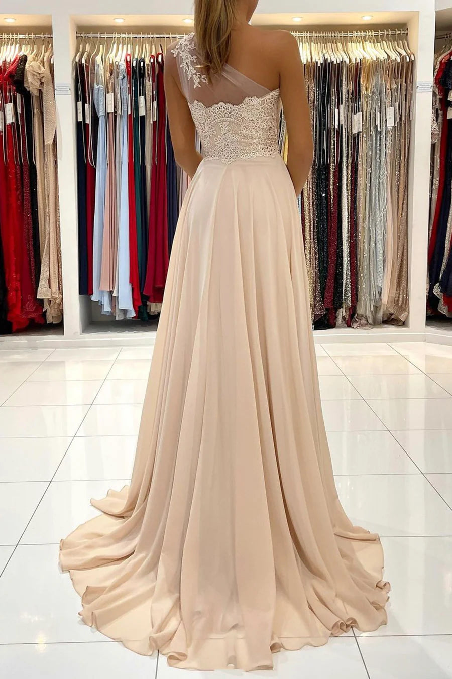 One Shoulder Champagne Chiffon Long Prom Dresses Bridesmaid Dress With Slit