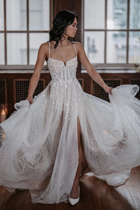 Gorgeous A Line V-Neck Spaghetti Strap Sparkly Tulle Wedding Dresses with Slit