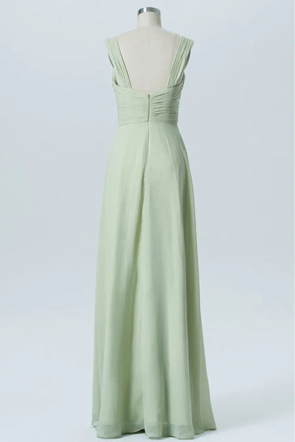 Light Sage Green Square neck Chiffon Banded Waist Bridesmaid Dress