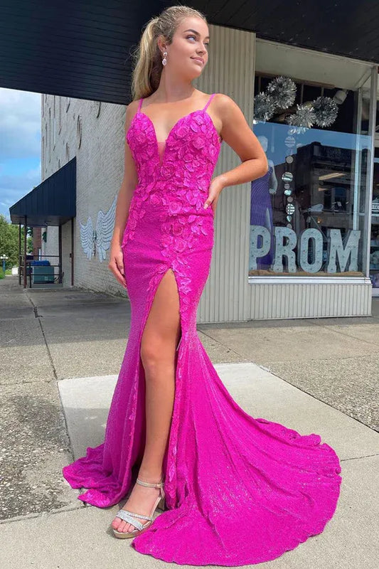 Sparkly Mermaid V Neck Fuchsia Sequins Long Prom Dresses with Appliques