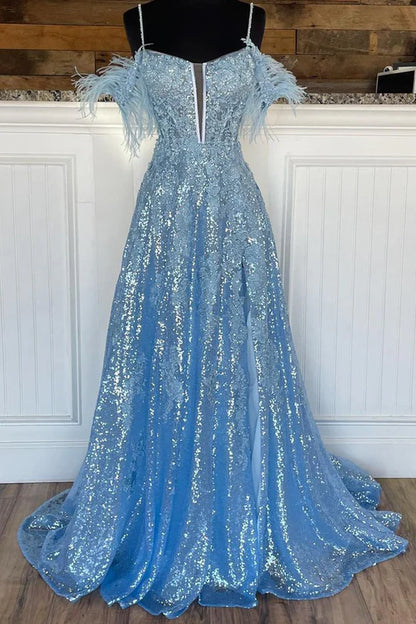 Sparkly A Line Deep V Neck Light Blue Sequins Long Prom Dresses with Appliques