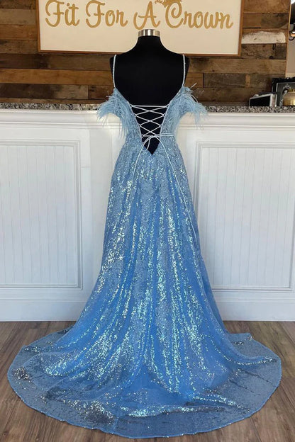 Sparkly A Line Deep V Neck Light Blue Sequins Long Prom Dresses with Appliques