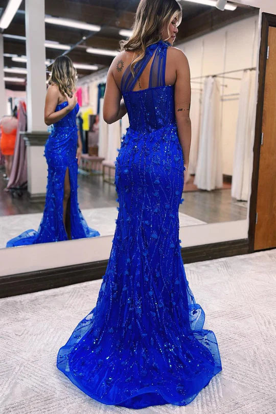 Charming Mermaid One Shoulder Royal Blue Lace Slim-fit Prom Dresses with Slit