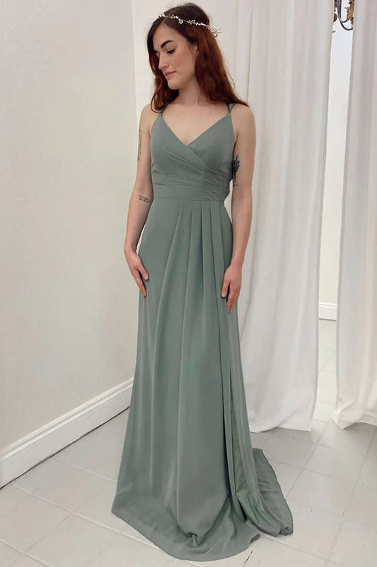 Dark Sage Green Chiffon V-Neck A-Line Long Bridesmaid Dress