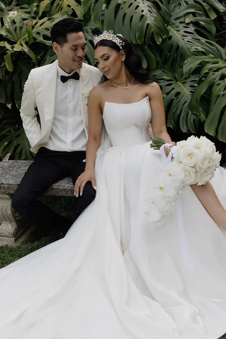 A-Line Strapless Off-the-Shoulder Satin Mopping The Floor Wedding Dresses with Slit