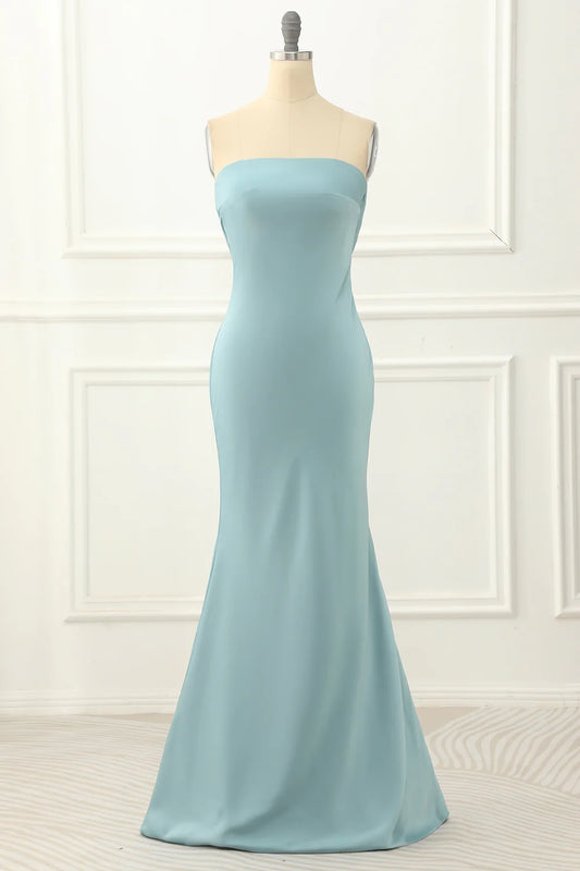 Blue Strapless Off-the-Shoulder Sheath Satin Wrap The Buttocks Mermaid Prom Dress