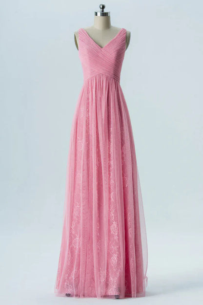 Pink V-Neck  Embroideried Sleeveless Double Straps Bridesmaid Dress