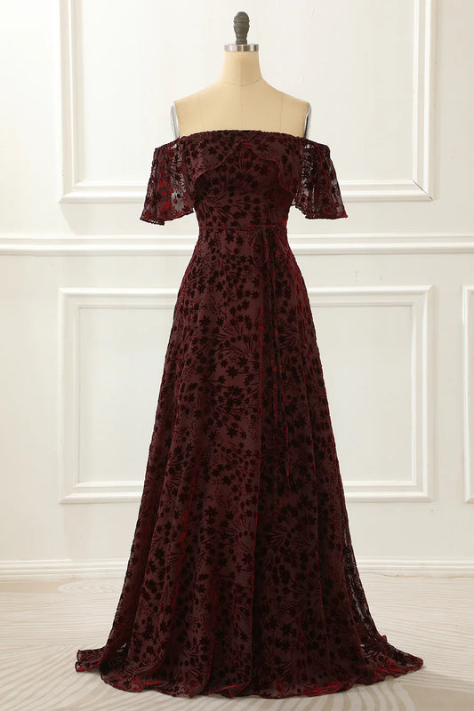 Burgundy A-Line Off The Shoulder Backless Lace Prom Dress ﻿