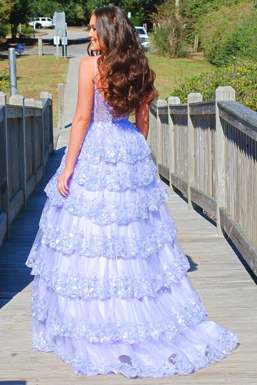 Tulle Sequin Tiered Long Gown with Spaghetti Straps