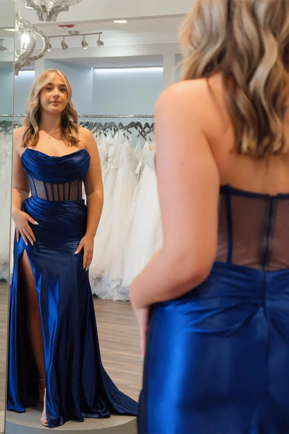 Strapless Sheer Bodice Mermaid Long Formal Dress