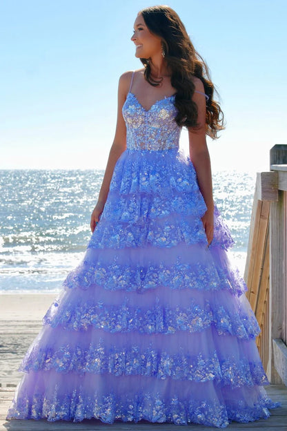 Tulle Sequin Tiered Long Gown with Spaghetti Straps
