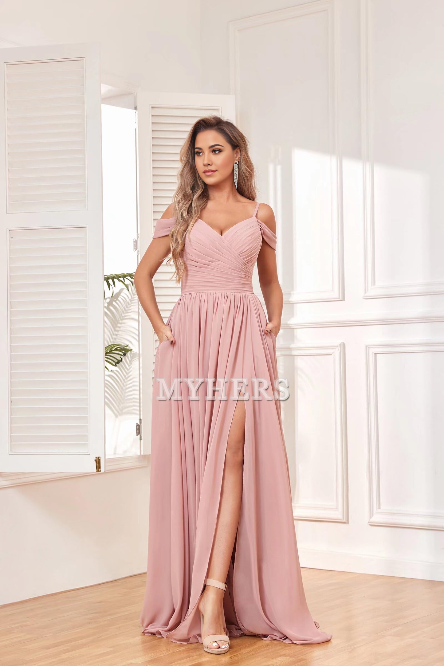 Elegant V Neck Off The Shoulder Ruched Chiffon Side Fork Long Bridesmaid Dresses Wedding Guests Dresses