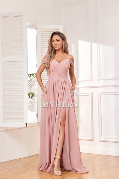 Elegant V Neck Off The Shoulder Ruched Chiffon Side Fork Long Bridesmaid Dresses Wedding Guests Dresses