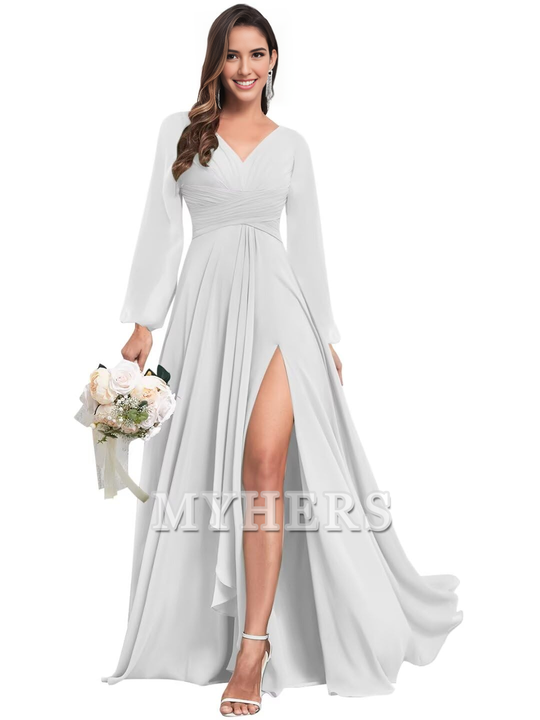 Elegant Chiffon Long Sleeves V Neck Ruffle Side Fork Long Bridesmaid Dresses Wedding Guests Dresses