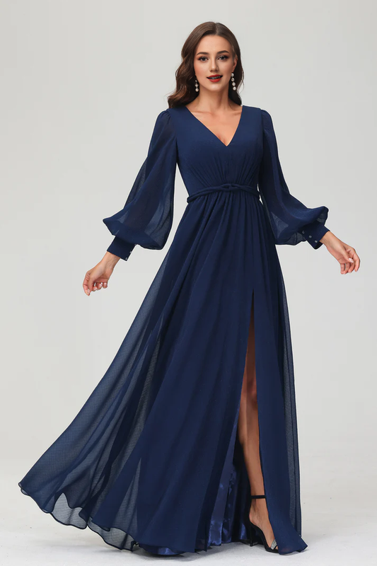 Formal Women's Dresses A-Line V-neck Long Sleeves V Neck Floor Length Dress Side Fork Elegant Exquisite Evening Dress