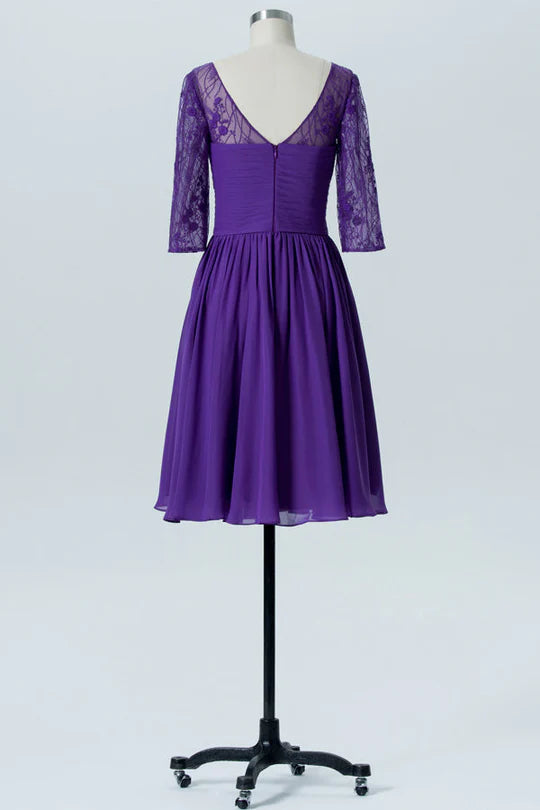 Purple Embroidered Classic fit Half Sleeves A-Line Chiffon Short Bridesmaid Dress