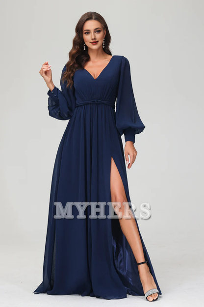 Formal Women's Dresses A-Line V-neck Long Sleeves V Neck Floor Length Dress Side Fork Elegant Exquisite Evening Dress