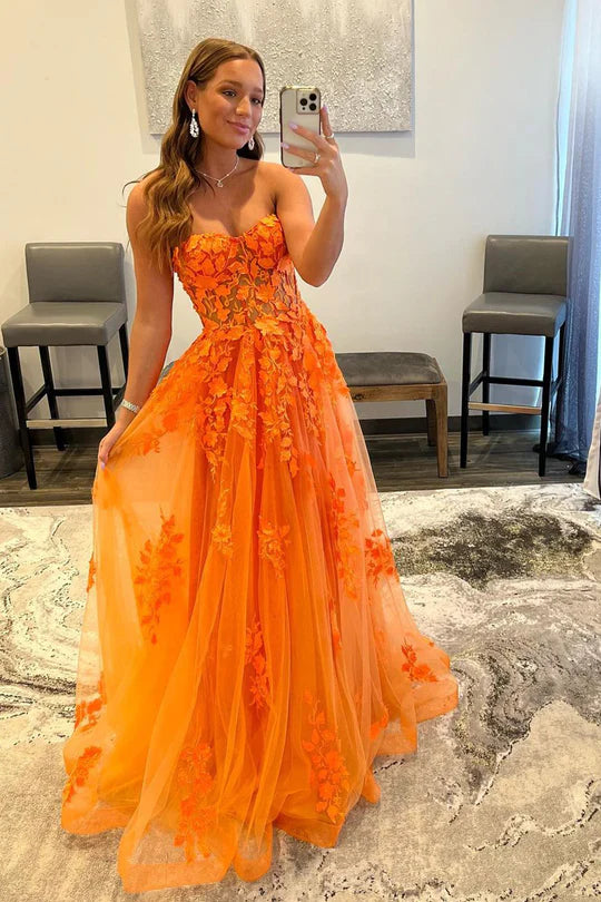 Cute Ball Sweetheart Orange Sleeveless Off-the-Shoulder 3D Appiques Prom Dresses