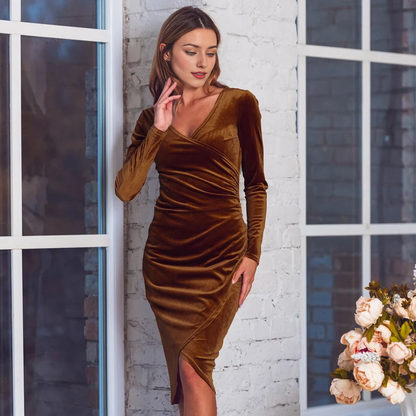 Bodycon Velvet Dress V Neck Long Sleeve Mid-calf Dress Wedding Guest Dress Evening Dress