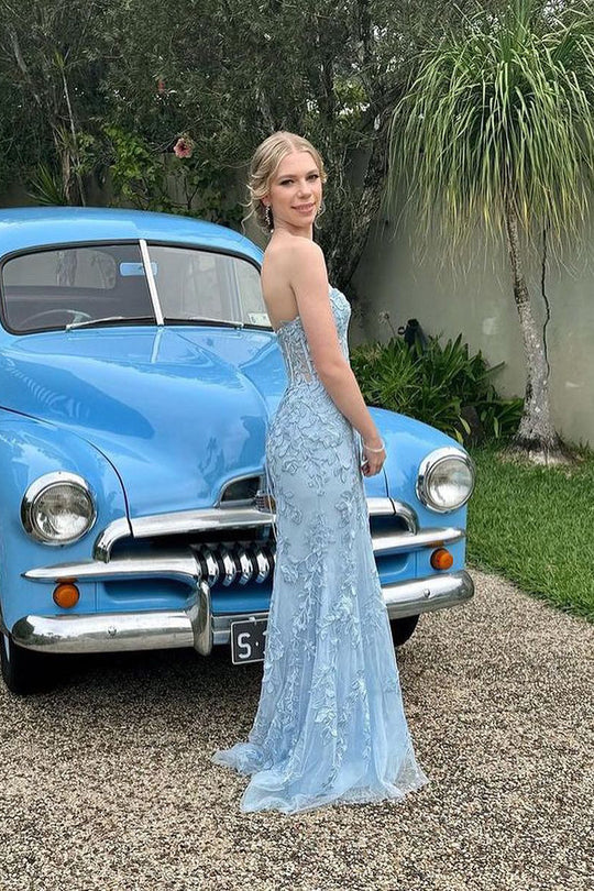 Charming Mermaid Strapless Off-the-Shoulder Blue Tulle Long Prom Dress with Appliques