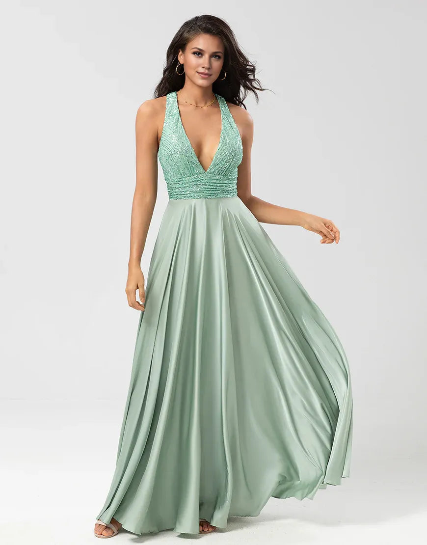 A Line V-Neck Matcha Backless Sequin Pleats Long Bridesmaid Dress with Beading