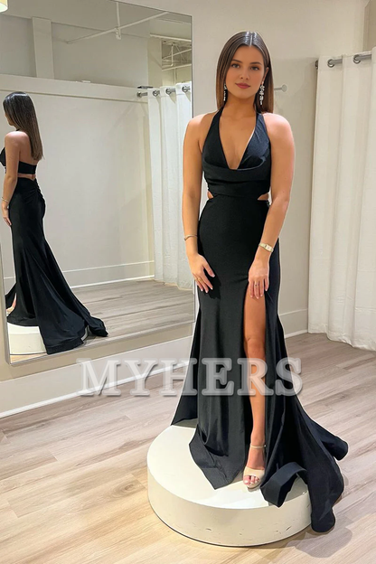 Formal Women's Dresses Wedding Guest Dresses Halter Cutout Mermaid Long Sweep Train Prom Dresses Side Fork Sexy Unique Evening Dress