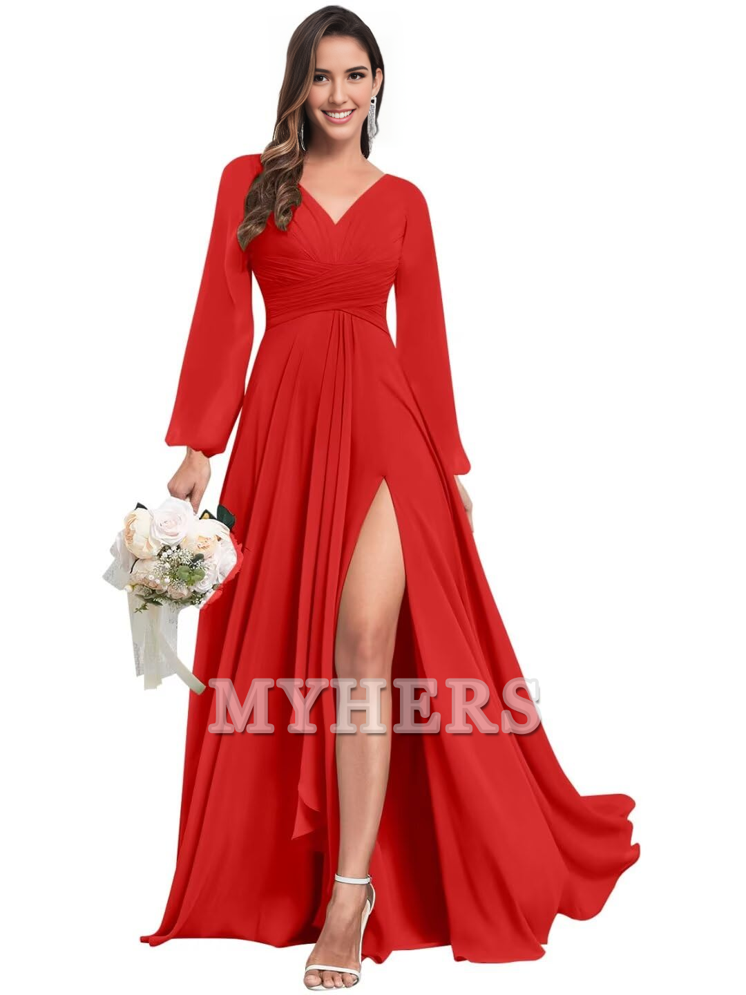 Elegant Chiffon Long Sleeves V Neck Ruffle Side Fork Long Bridesmaid Dresses Wedding Guests Dresses