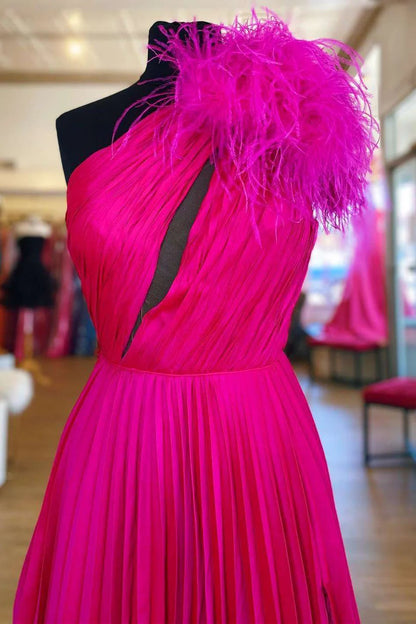 One-Shoulder Neon Pink Keyhole Feathers A-Line Prom Gown