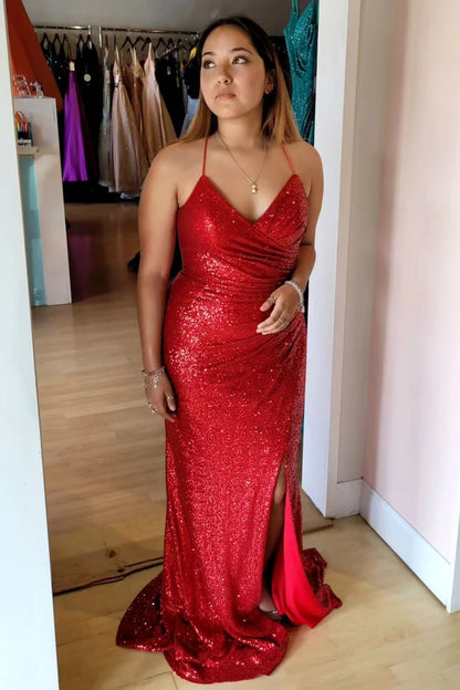 Sequin Surplice Lace-Up Mermaid Long Prom Dress with Slit