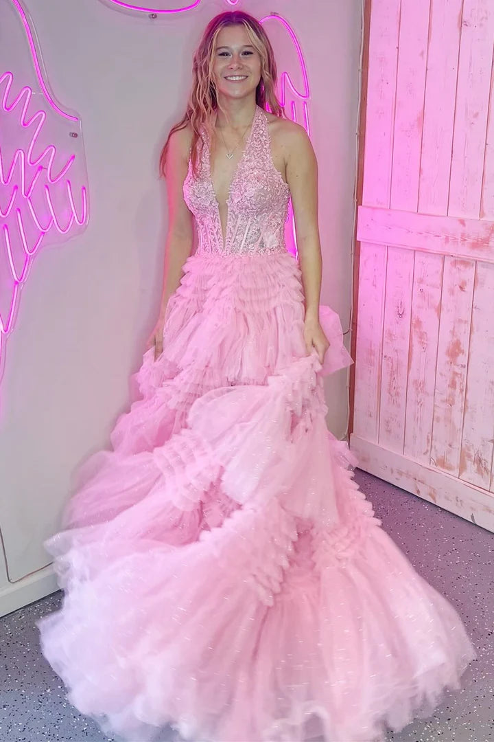 Tulle Appliques Halter Ruffle Tiered Ball Gown