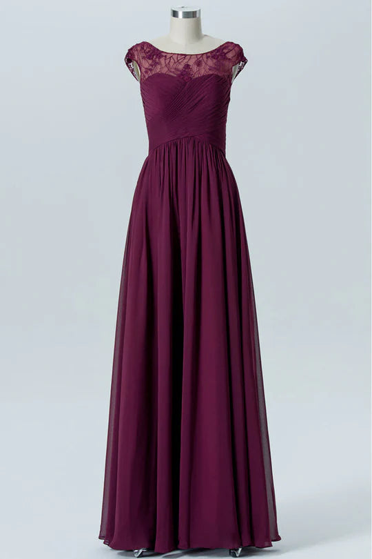 Magenta Round neck Chiffon Cap Sleeve Long Pleats Bridesmaid Dress