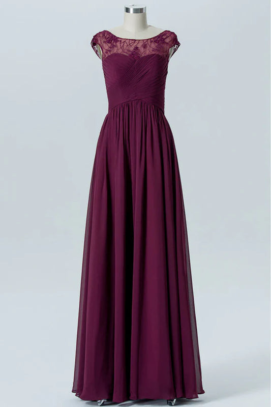 Magenta Round neck Chiffon Cap Sleeve Long Pleats Bridesmaid Dress