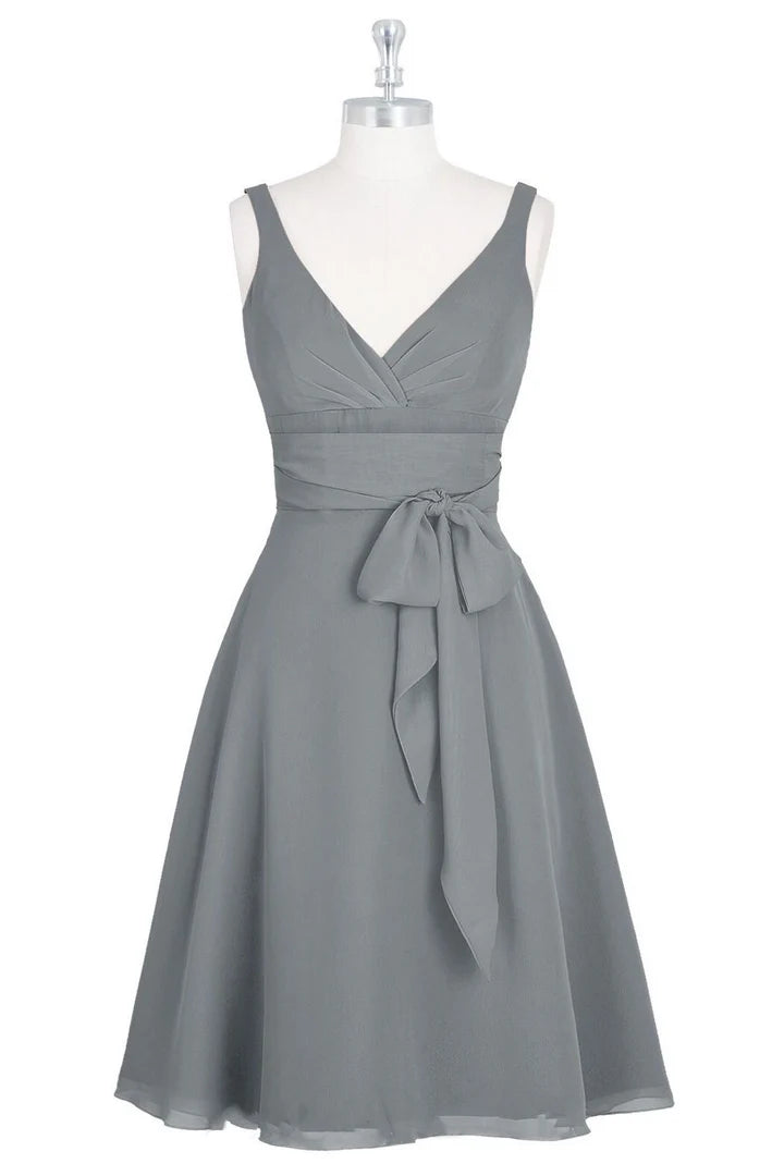 Grey V-Neck Tie-Front Sleeveless A-Line Short Bridesmaid Dress