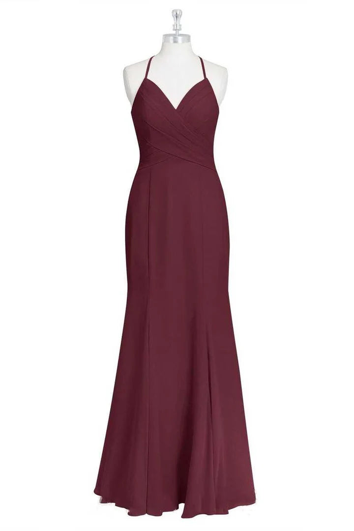 Burgundy Halter Spaghetti Straps  Mermaid Long Bridesmaid Dress