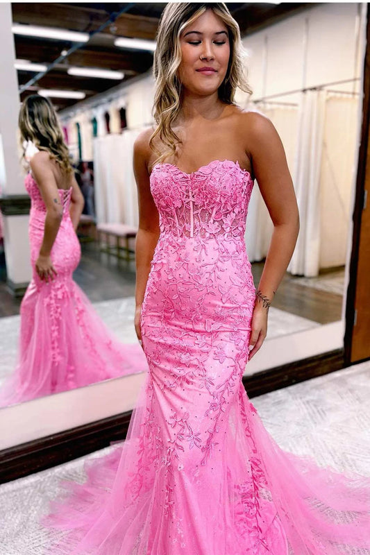 Appliques Sweetheart Lace-Up Trumpet Long Prom Dress