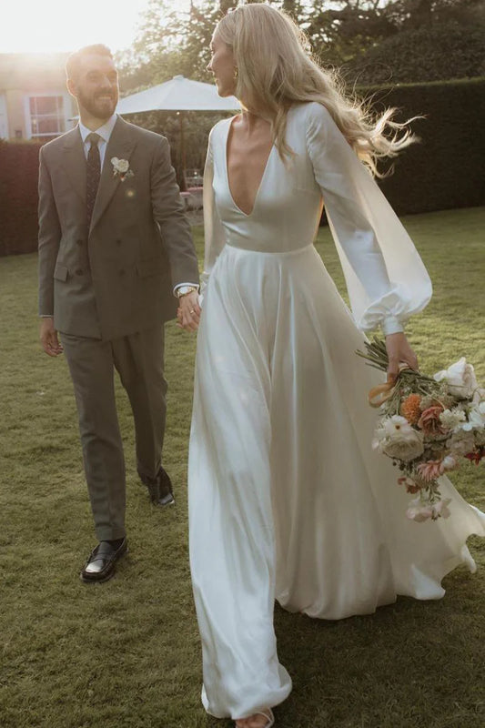 Fairy A Line Deep V Neck Silk Satin Backless Long Wedding Dresses with Open Back