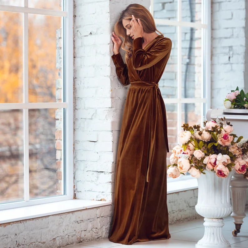 Wrap maxi Velvet Dress V Neck Long Sleeve Side Fork Formal Wear Dresses Wedding Guest Dress Evening Dress