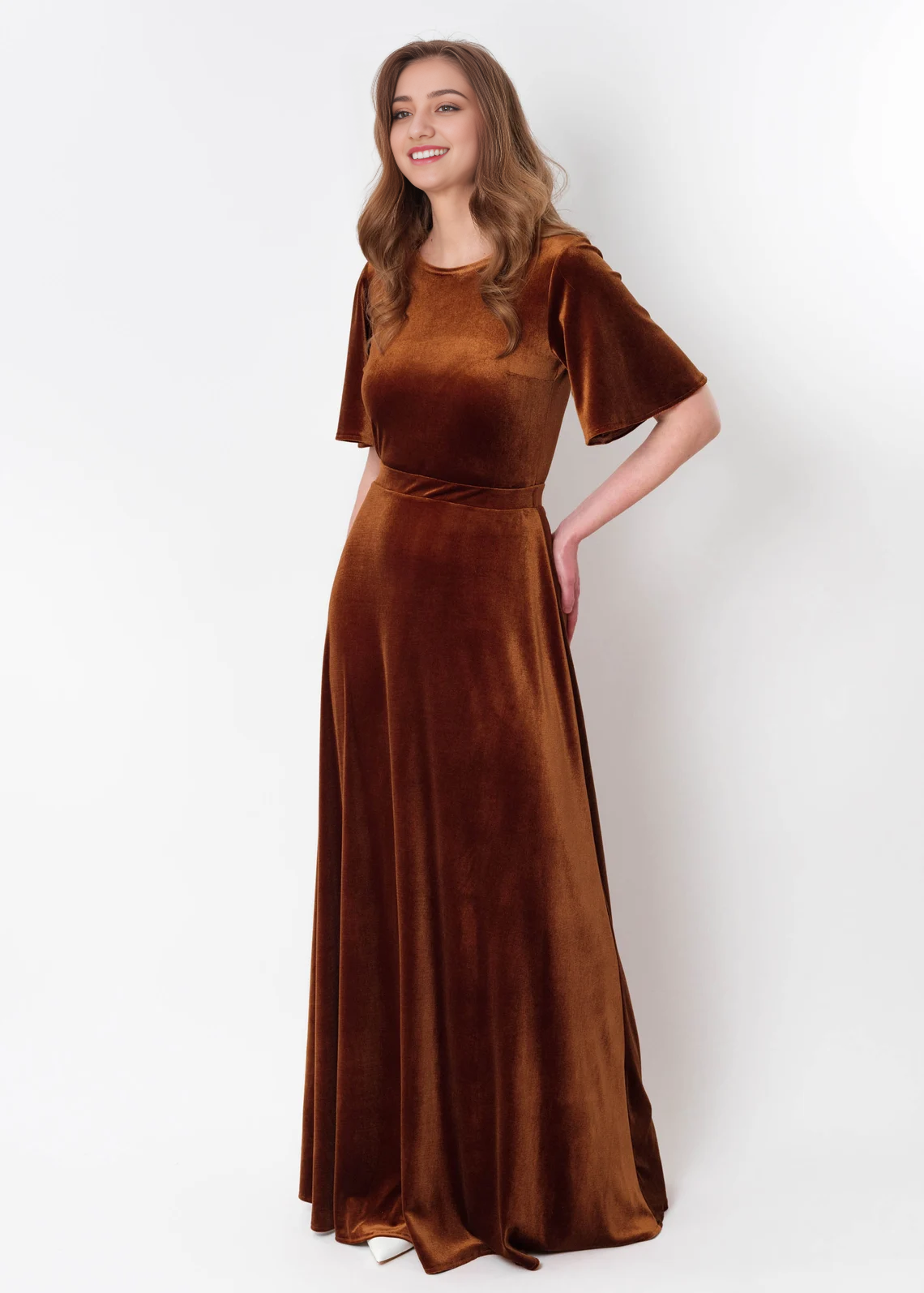 A-line Longuette Velvet Dress Round Neck Short Sleeves Elegant Formal Wear Dresses Wedding Guest Dress Evening Dress