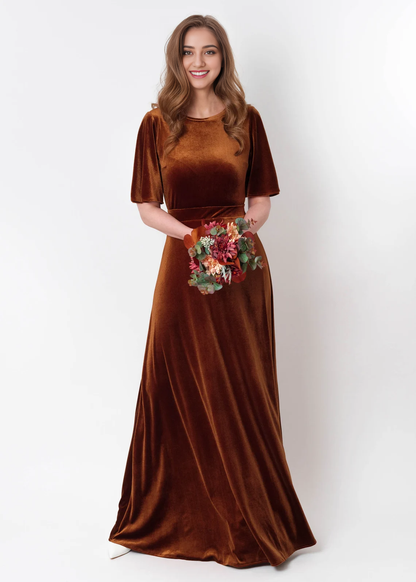 A-line Longuette Velvet Dress Round Neck Short Sleeves Elegant Formal Wear Dresses Wedding Guest Dress Evening Dress