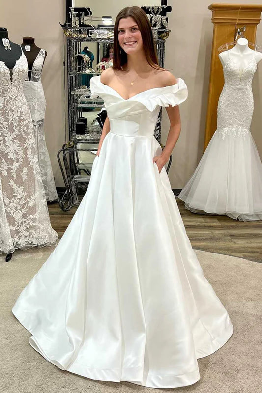 White Satin Off-the-Shoulder Ruffled A-Line Long Wedding Dress ﻿