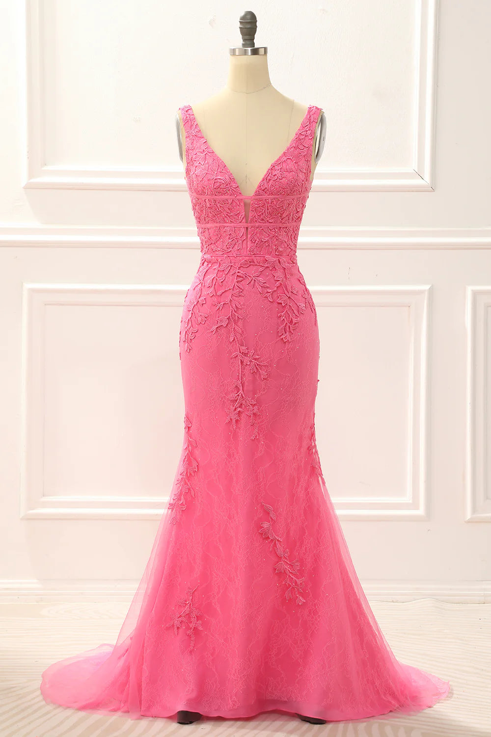 Hot Pink V-Neck Tulle Mermaid Backless Prom Dress with Appliques