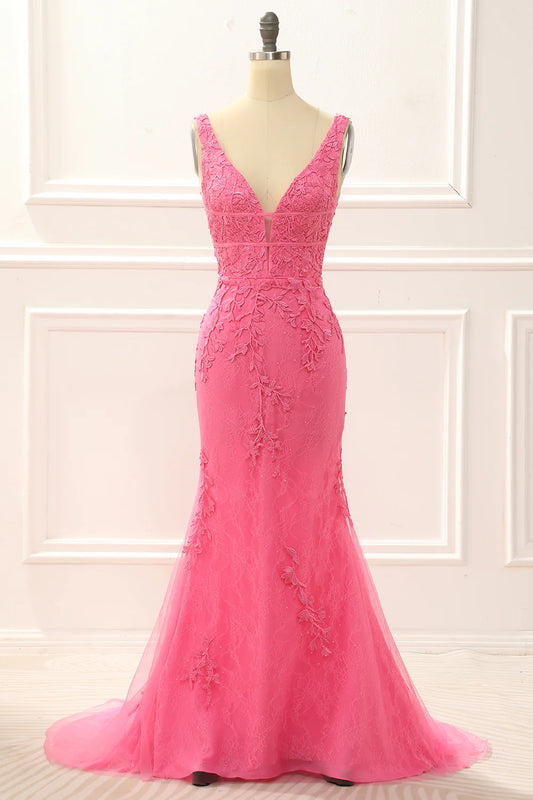 Hot Pink V-Neck Tulle Mermaid Backless Prom Dress with Appliques