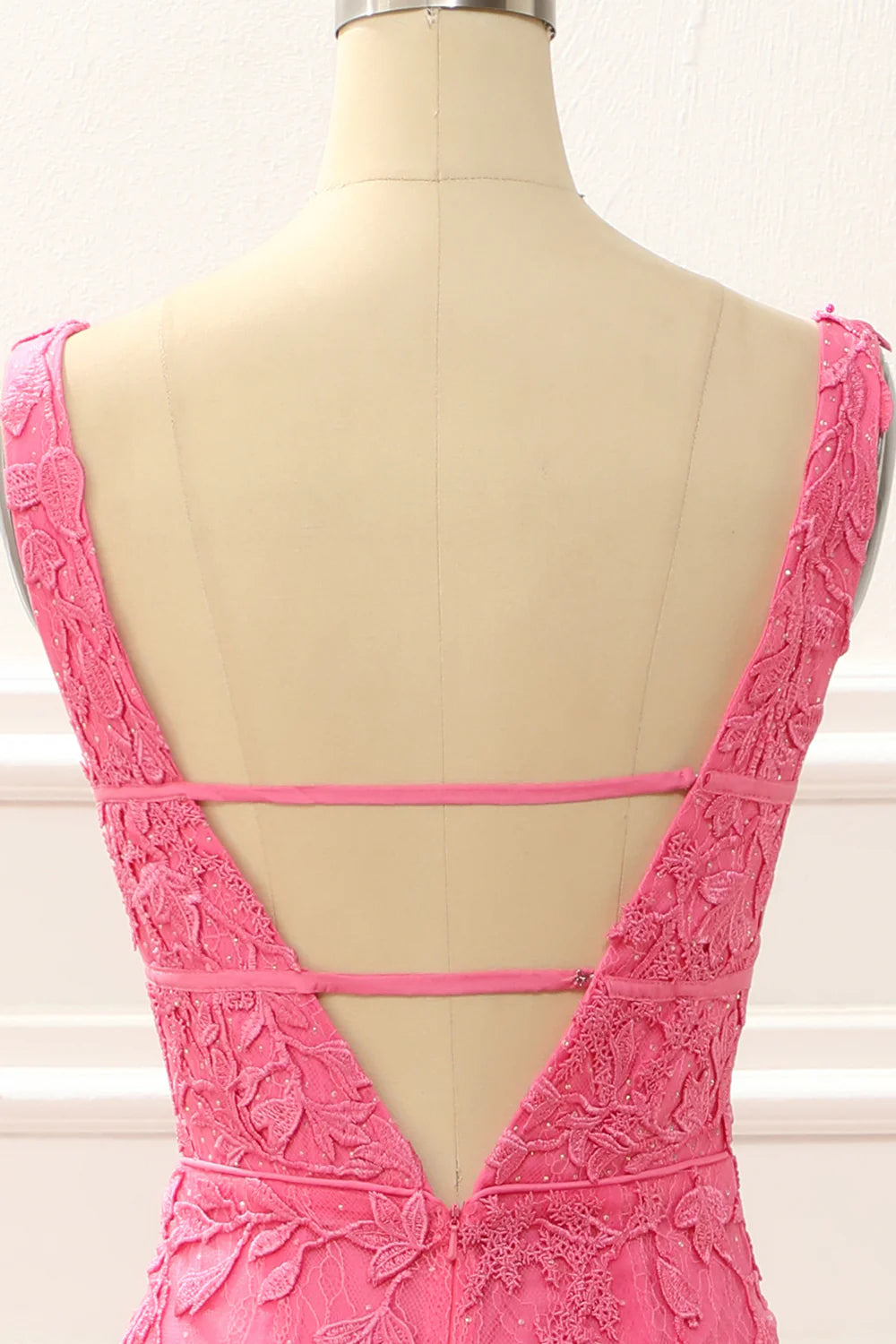 Hot Pink V-Neck Tulle Mermaid Backless Prom Dress with Appliques
