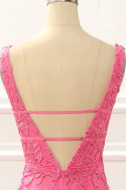Hot Pink V-Neck Tulle Mermaid Backless Prom Dress with Appliques